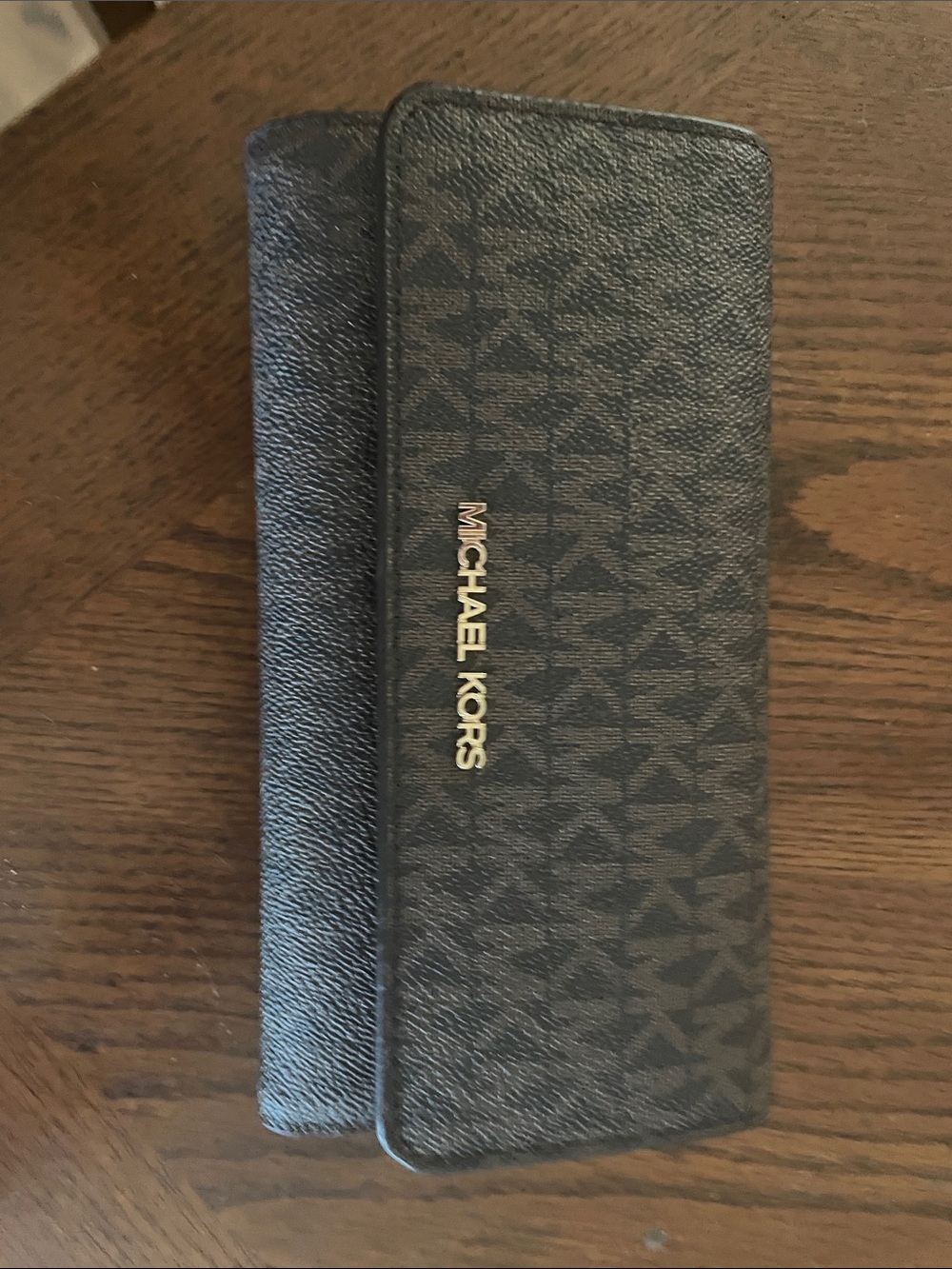 Michael Kors Black Logo-Print Continental Wallet with Gold Tone Logo